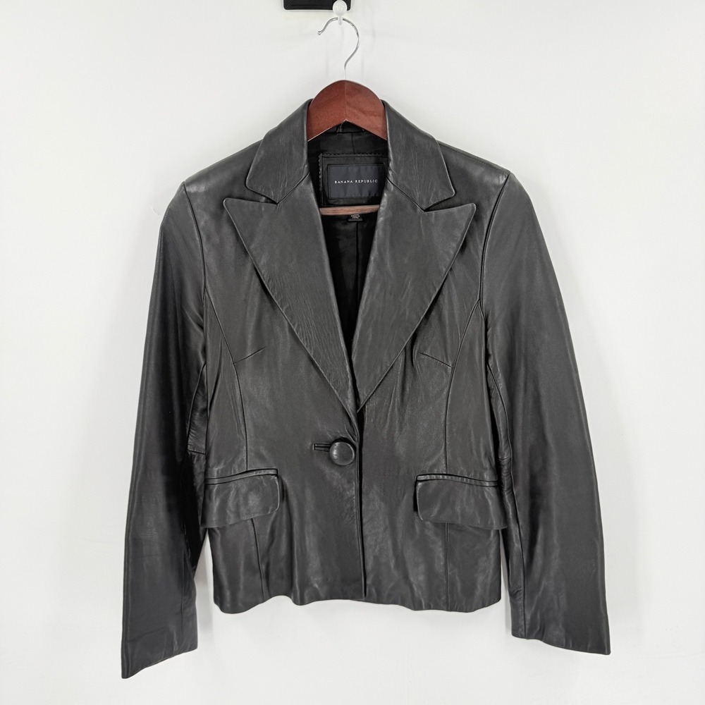 Vintage Y2K Banana Republic Leather Blazer Black 4 Dark Academia Sleek Classic